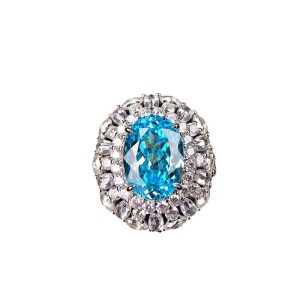 925 silver gold-plated rose cut, cultivated and synthesized Paraiba high carbon diamond full diamond large particle women's ring